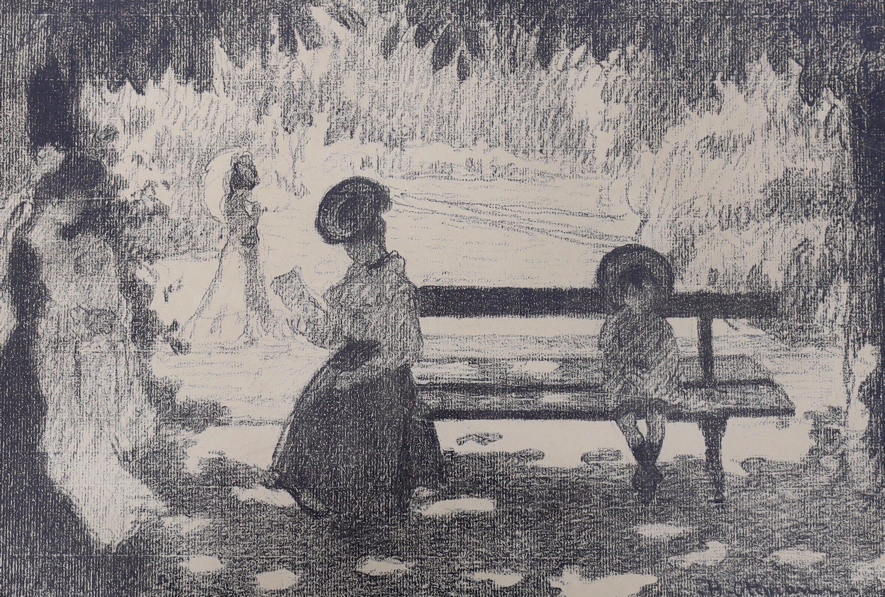 Henri Ottmann (French, 1877-1927), lithograph, Mother and child seated on a park bench, signed in the plate, 26 x 38cm